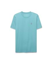 Mens Classic Crew Neck Tee in light teal, featuring a classic fit and smooth jersey fabric. Small embroidered Psycho Bunny skull logo in pink, white, and black on the left chest. (5)