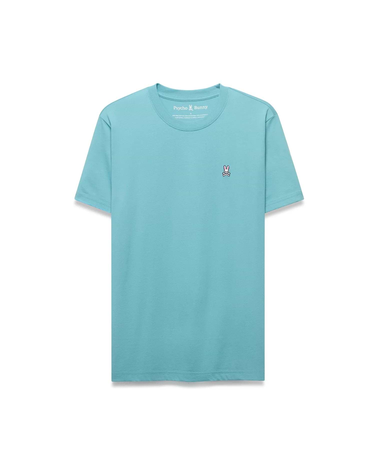 Mens Classic Crew Neck Tee in light teal, featuring a classic fit and smooth jersey fabric. Small embroidered Psycho Bunny skull logo in pink, white, and black on the left chest. (5)