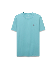 Mens Classic Crew Neck Tee in light teal, featuring a classic fit and smooth jersey fabric. Small embroidered Psycho Bunny skull logo in pink, white, and black on the left chest. (5)