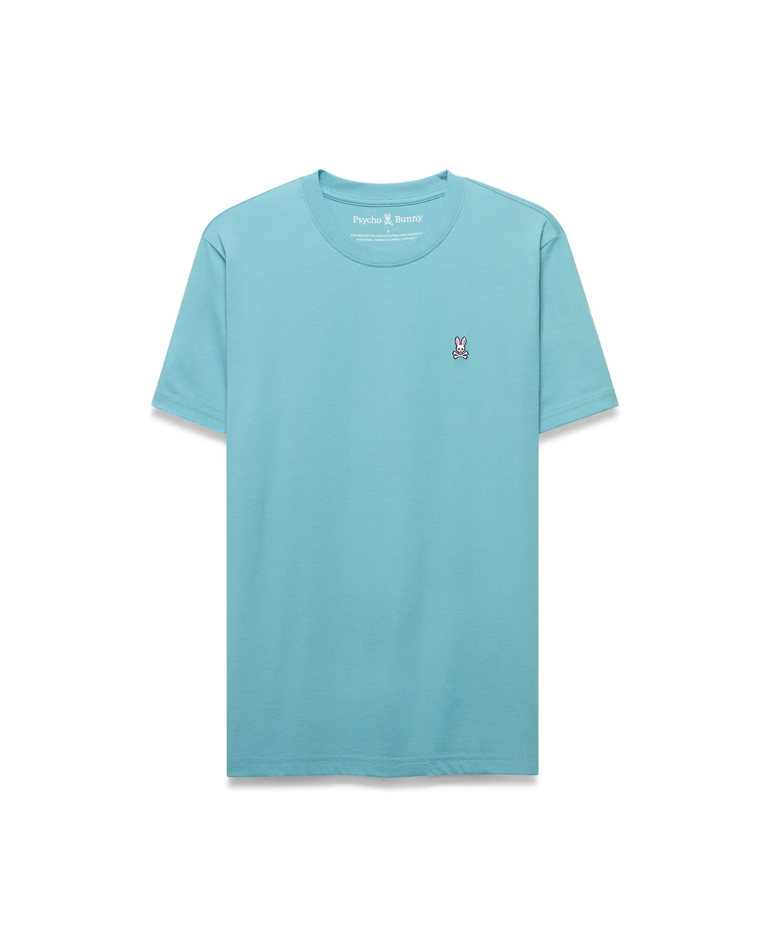 Mens Classic Crew Neck Tee in light teal, featuring a classic fit and smooth jersey fabric. Small embroidered Psycho Bunny skull logo in pink, white, and black on the left chest. (5)