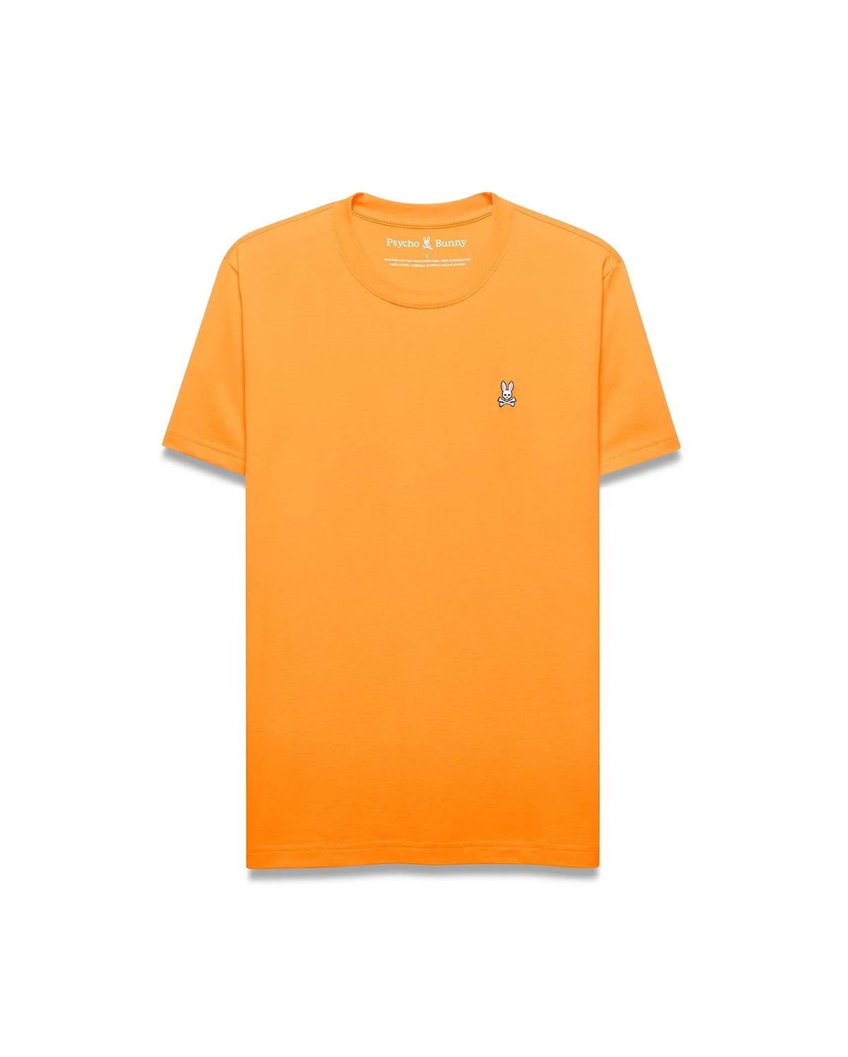 Mens Classic Crew Neck Tee in vibrant orange, featuring a classic fit and soft jersey knit. A small, embroidered white and black Psycho Bunny skull logo is on the left chest.