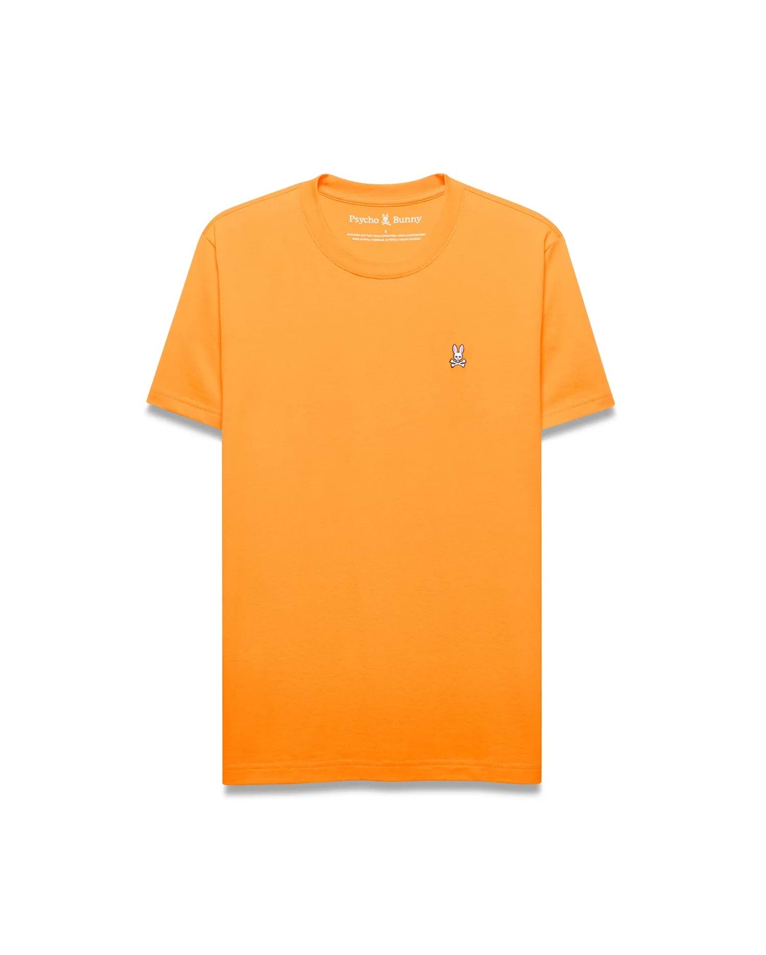 Mens Classic Crew Neck Tee in vibrant orange, featuring a classic fit and soft jersey knit. A small, embroidered white and black Psycho Bunny skull logo is on the left chest.