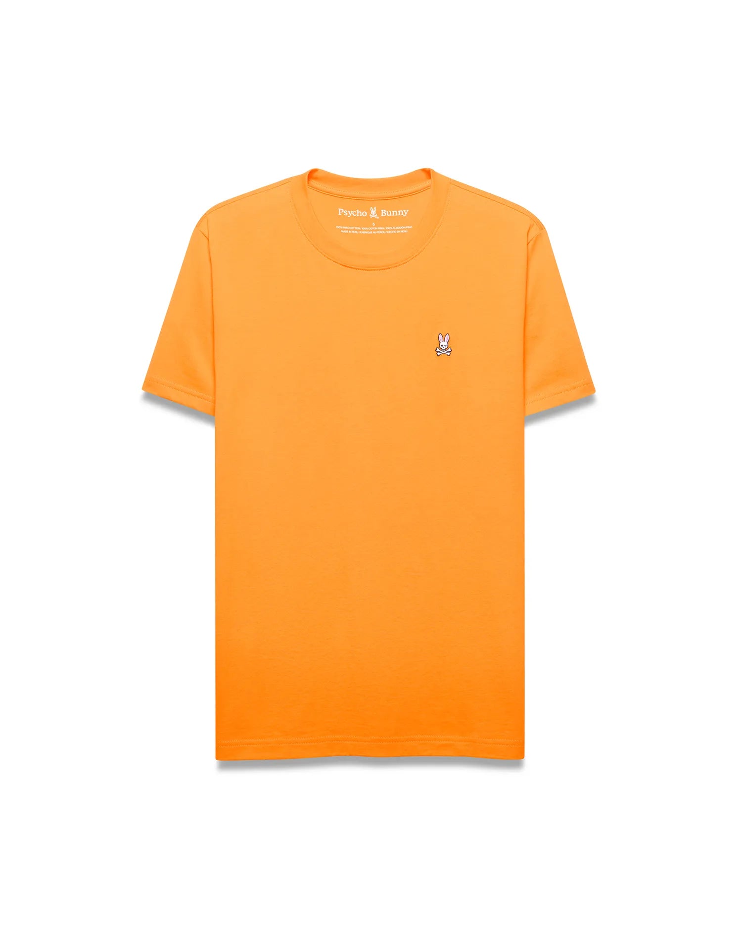 Mens Classic Crew Neck Tee in vibrant orange, featuring a classic fit and soft jersey knit. A small, embroidered white and black Psycho Bunny skull logo is on the left chest.