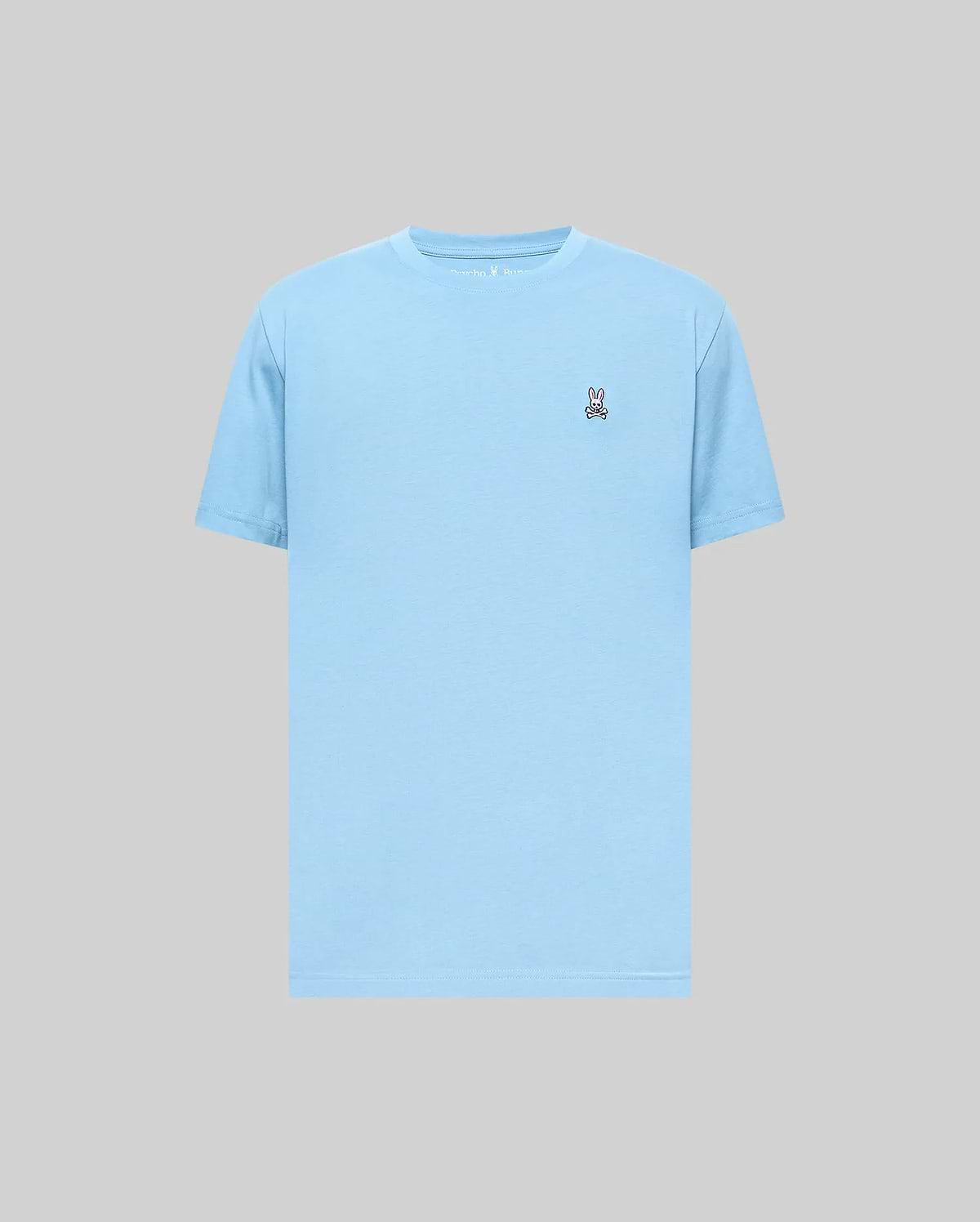 Mens Classic Crew Neck Tee in light blue, featuring a smooth jersey fabric and a classic fit, with a small embroidered Psycho Bunny skull logo on the left chest.