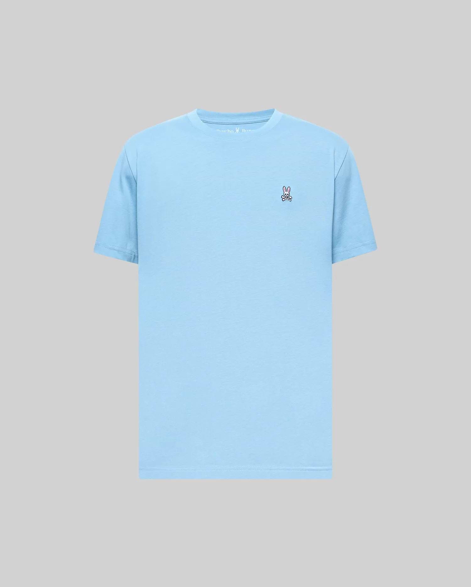 Mens Classic Crew Neck Tee in light blue, featuring a smooth jersey fabric and a classic fit, with a small embroidered Psycho Bunny skull logo on the left chest.