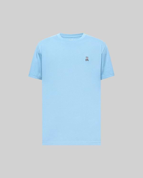 Mens Classic Crew Neck Tee in light blue, featuring a smooth jersey fabric and a classic fit, with a small embroidered Psycho Bunny skull logo on the left chest.