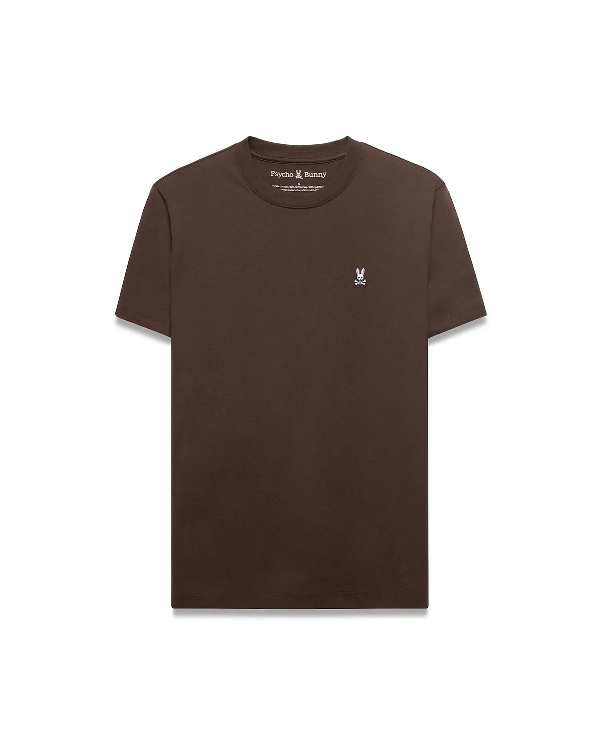 Men's Classic Pima Crew Neck Tee in rich brown, featuring a smooth Pima cotton jersey fabric, classic fit, and a small embroidered pink and white Psycho Bunny skull logo on the left chest. (1)