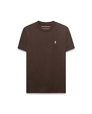 Men's Classic Pima Crew Neck Tee in rich brown, featuring a smooth Pima cotton jersey fabric, classic fit, and a small embroidered pink and white Psycho Bunny skull logo on the left chest. (1)
