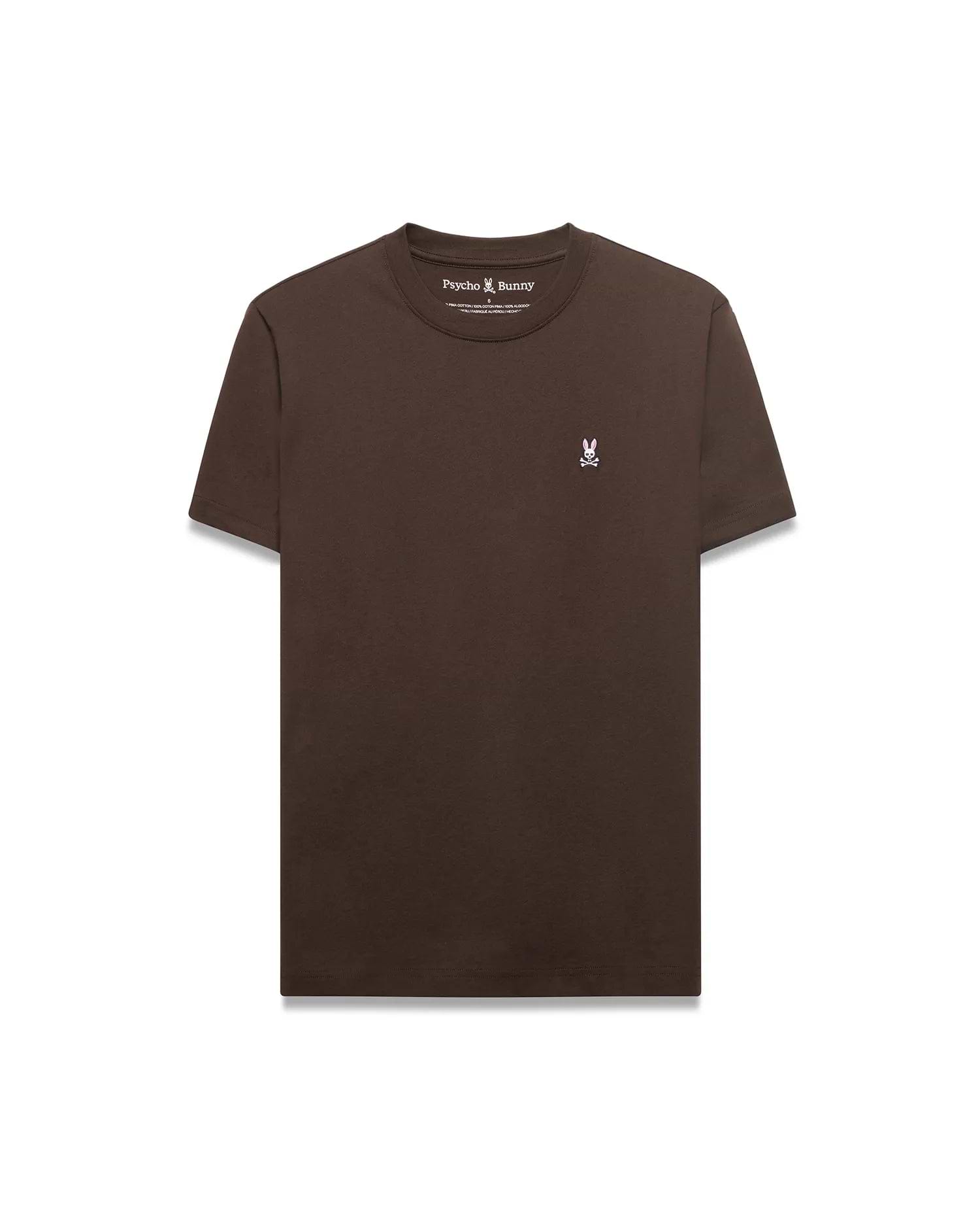 Men's Classic Pima Crew Neck Tee in rich brown, featuring a smooth Pima cotton jersey fabric, classic fit, and a small embroidered pink and white Psycho Bunny skull logo on the left chest. (1)