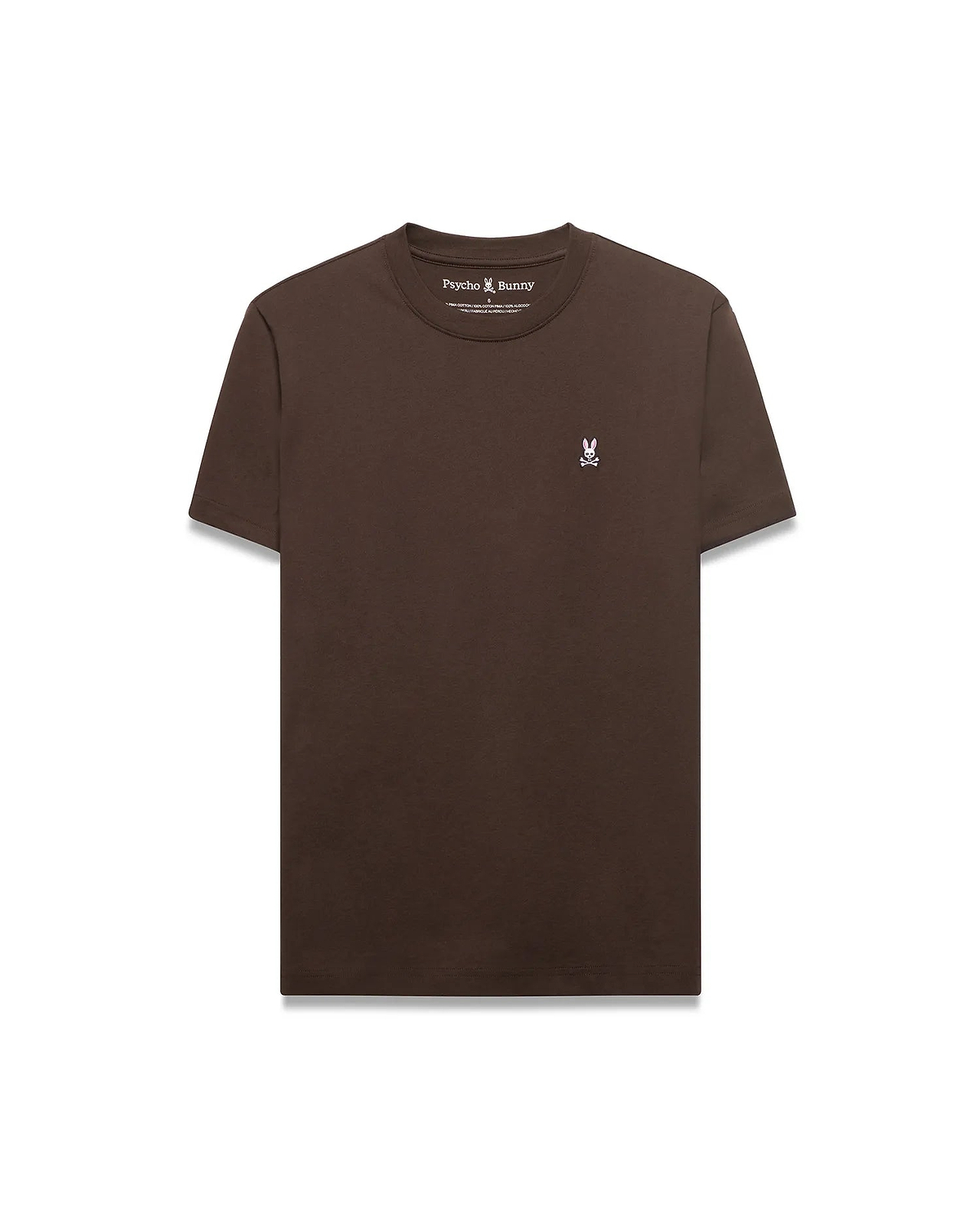Men's Classic Pima Crew Neck Tee in rich brown, featuring a smooth Pima cotton jersey fabric, classic fit, and a small embroidered pink and white Psycho Bunny skull logo on the left chest. (1)