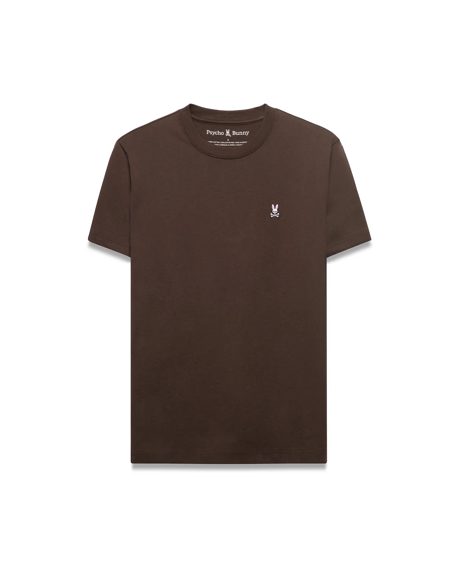 Men's Classic Pima Crew Neck Tee in rich brown, featuring a smooth Pima cotton jersey fabric, classic fit, and a small embroidered pink and white Psycho Bunny skull logo on the left chest. (1)