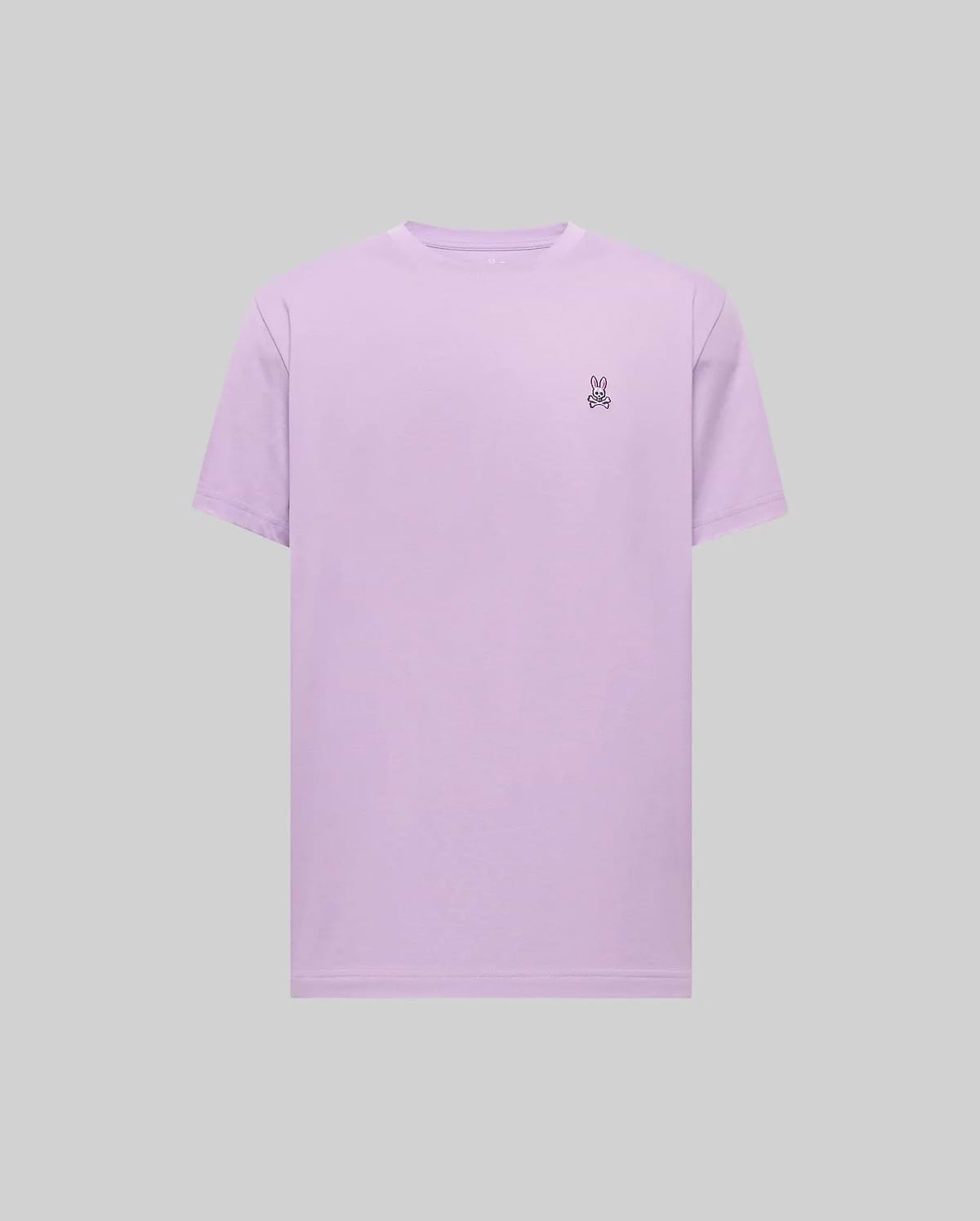 Mens Classic Crew Neck Tee in soft lavender jersey knit, featuring a comfortable classic fit and a small, intricately embroidered black, white, and pink Psycho Bunny skull logo on the left chest.
