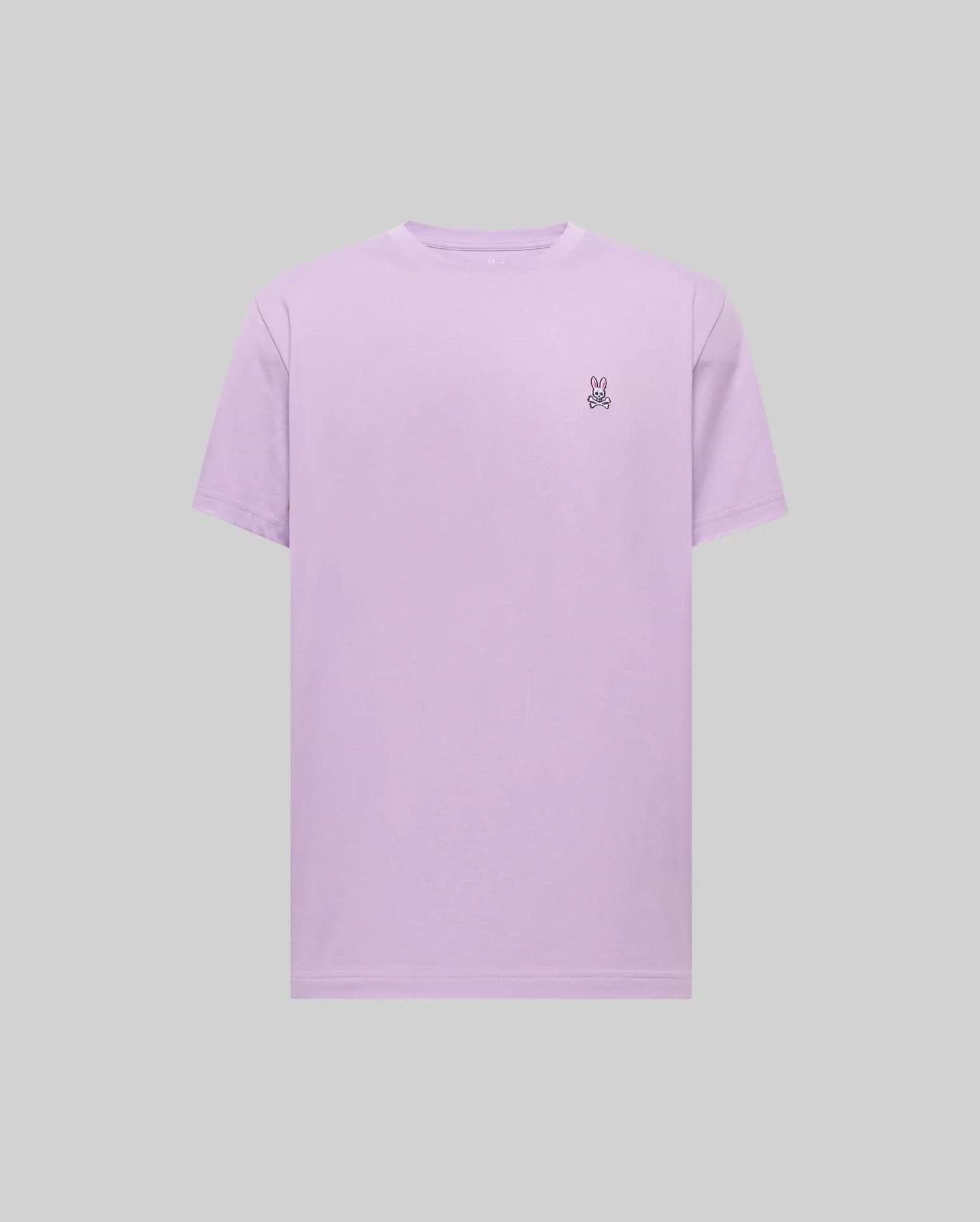 Mens Classic Crew Neck Tee in soft lavender jersey knit, featuring a comfortable classic fit and a small, intricately embroidered black, white, and pink Psycho Bunny skull logo on the left chest.