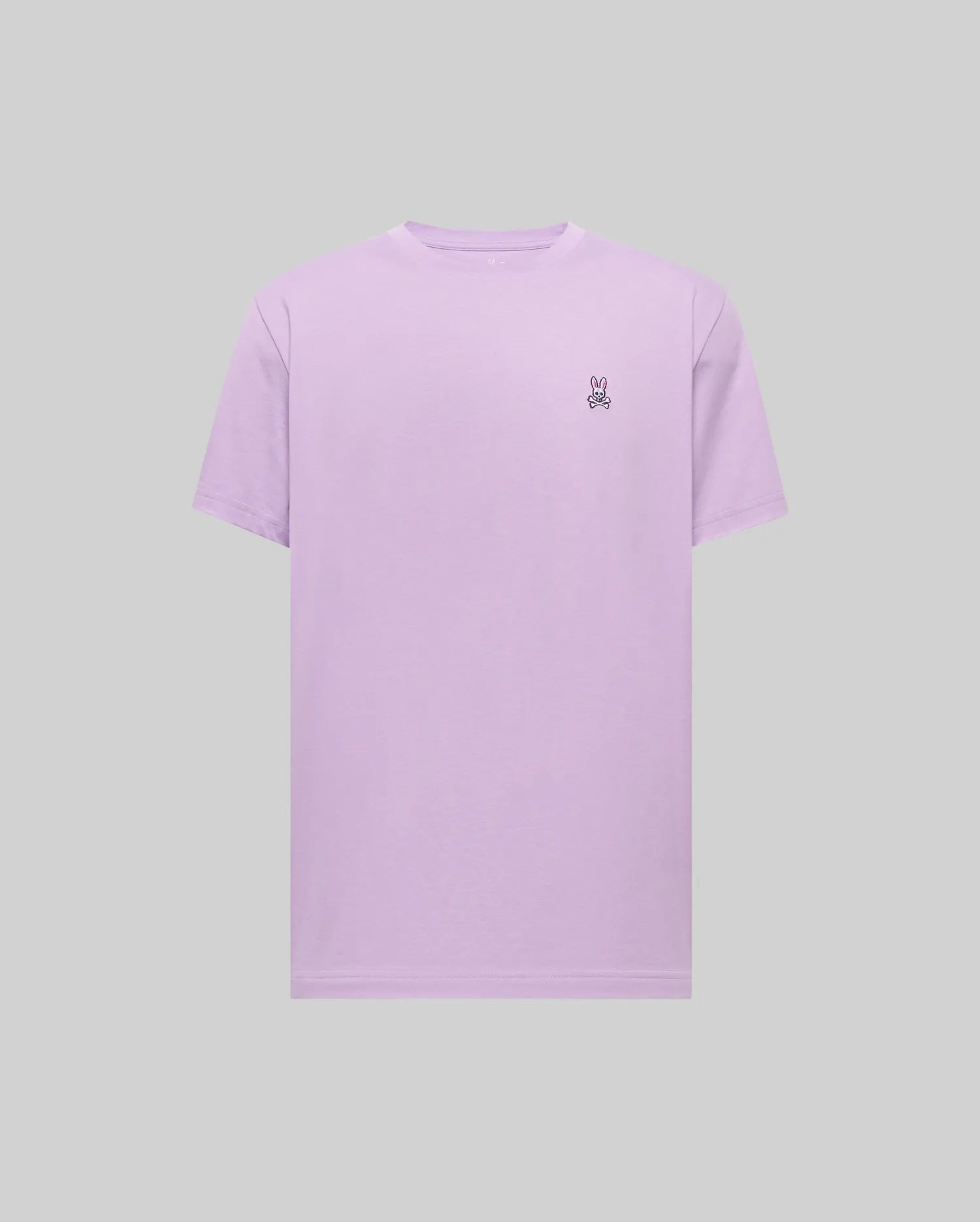 Mens Classic Crew Neck Tee in soft lavender jersey knit, featuring a comfortable classic fit and a small, intricately embroidered black, white, and pink Psycho Bunny skull logo on the left chest.