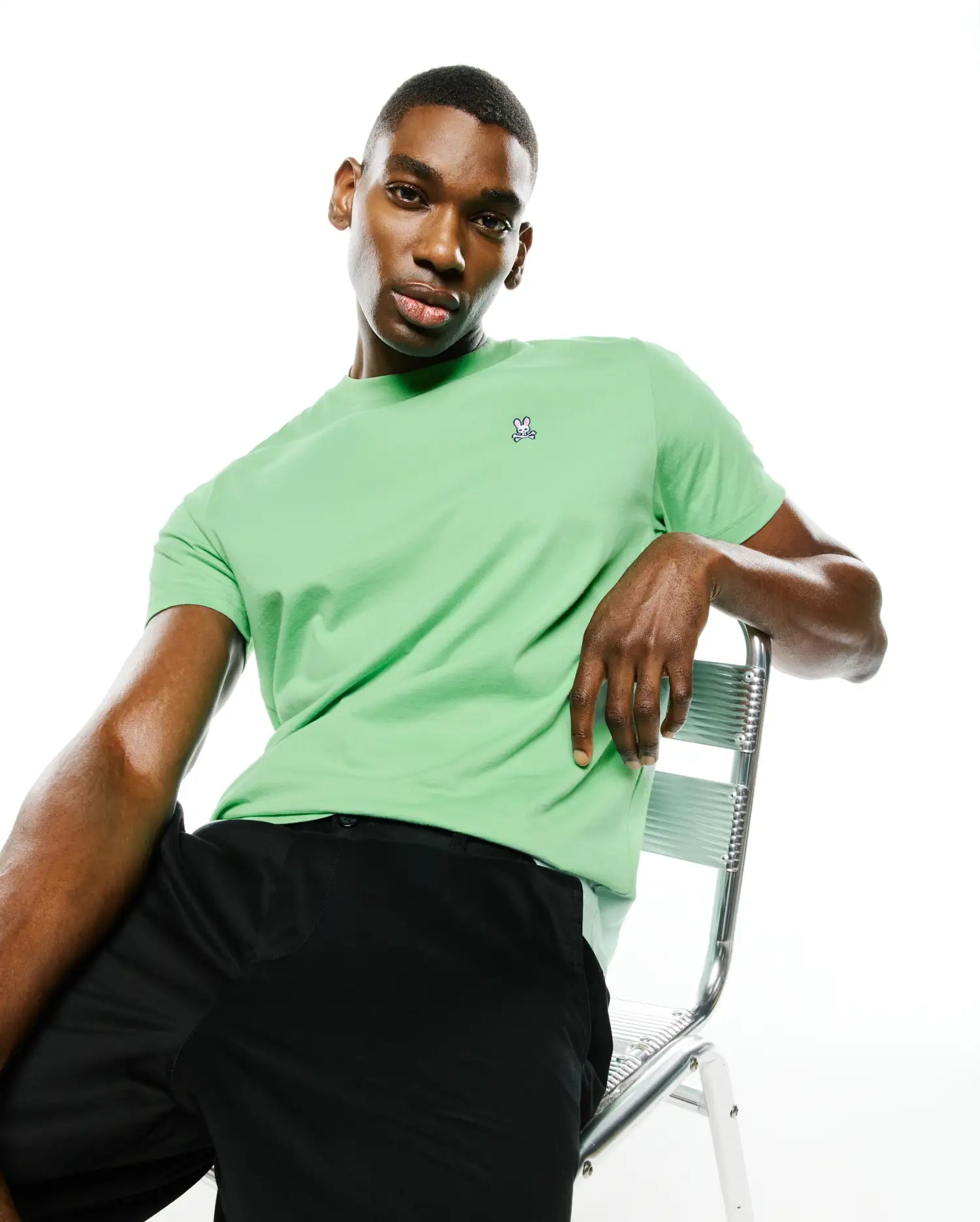Men's Classic Pima Crew Neck Tee in a classic fit, featuring a smooth light green Pima cotton jersey fabric and a small embroidered Psycho Bunny skull logo on the left chest.