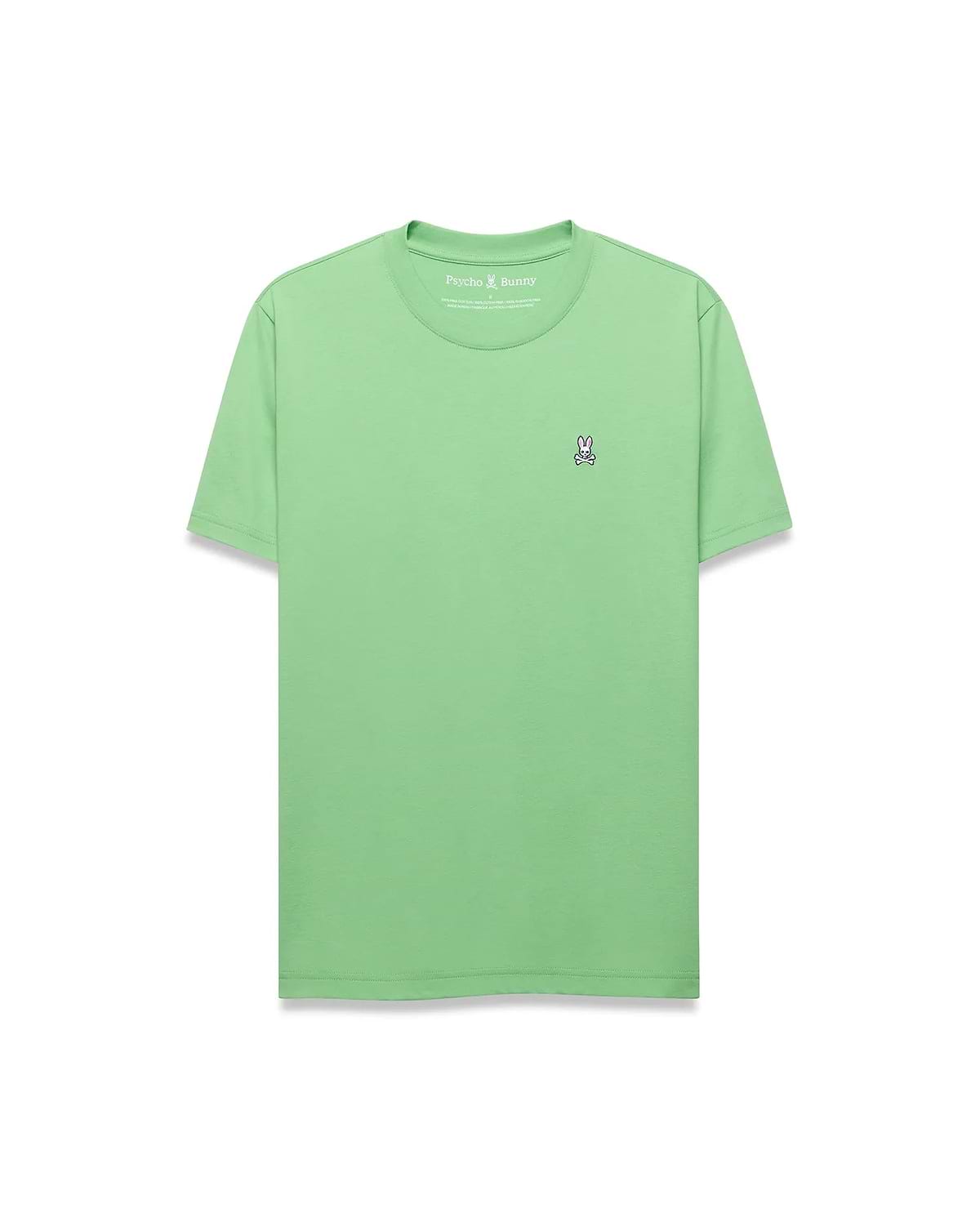 Mens Classic Crew Neck Tee in mint green, featuring a classic fit and smooth jersey knit fabric. Small embroidered Psycho Bunny skull logo with white, black, and pink accents on the left chest.