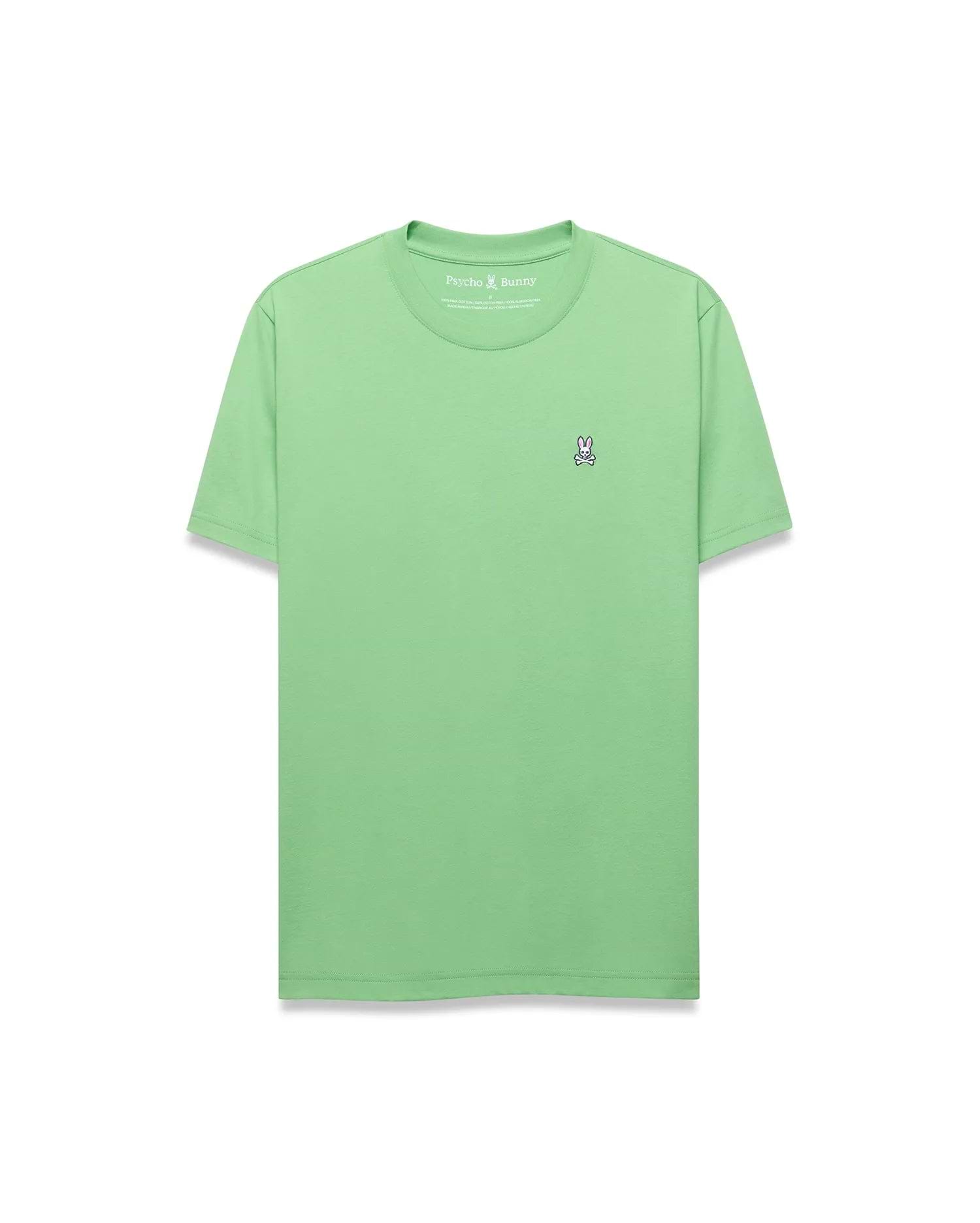 Mens Classic Crew Neck Tee in mint green, featuring a classic fit and smooth jersey knit fabric. Small embroidered Psycho Bunny skull logo with white, black, and pink accents on the left chest.