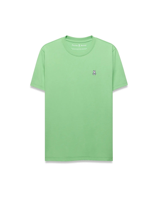 Mens Classic Crew Neck Tee in mint green, featuring a classic fit and smooth jersey knit fabric. Small embroidered Psycho Bunny skull logo with white, black, and pink accents on the left chest.