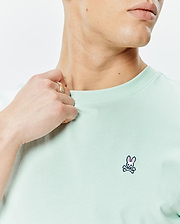 Mens Classic Crew Neck Tee in light mint green jersey knit, featuring a small embroidered Psycho Bunny skull logo with pink and black accents on the left chest.