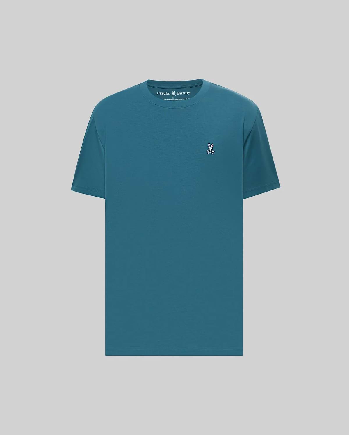 Mens Classic Crew Neck Tee in teal, featuring a classic fit and smooth jersey knit. Small embroidered Psycho Bunny skull logo in pink, white, and black on the left chest.