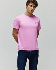 Vibrant Pink Mens Classic Crew Neck Tee, crafted from smooth jersey knit, featuring a classic fit and a small embroidered Psycho Bunny skull logo on the left chest.