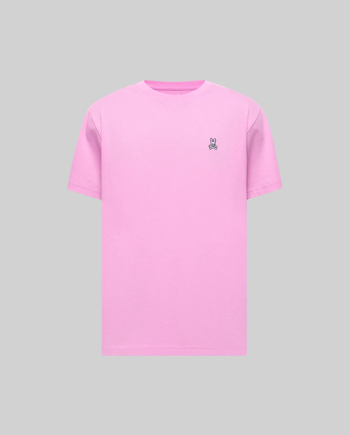 Mens Classic Crew Neck Tee in vibrant pink, crafted from soft jersey fabric with a classic fit. Features a small, embroidered Psycho Bunny skull logo on the left chest.