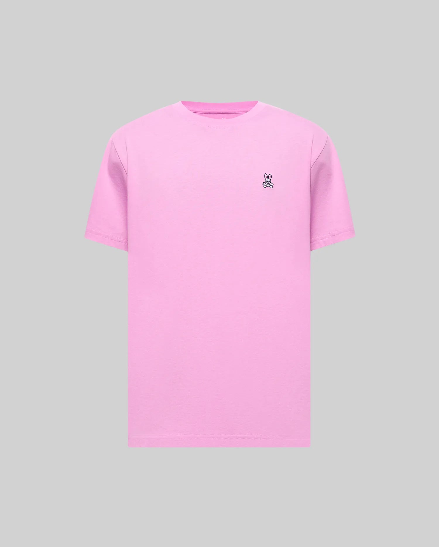 Mens Classic Crew Neck Tee in vibrant pink, crafted from soft jersey fabric with a classic fit. Features a small, embroidered Psycho Bunny skull logo on the left chest.
