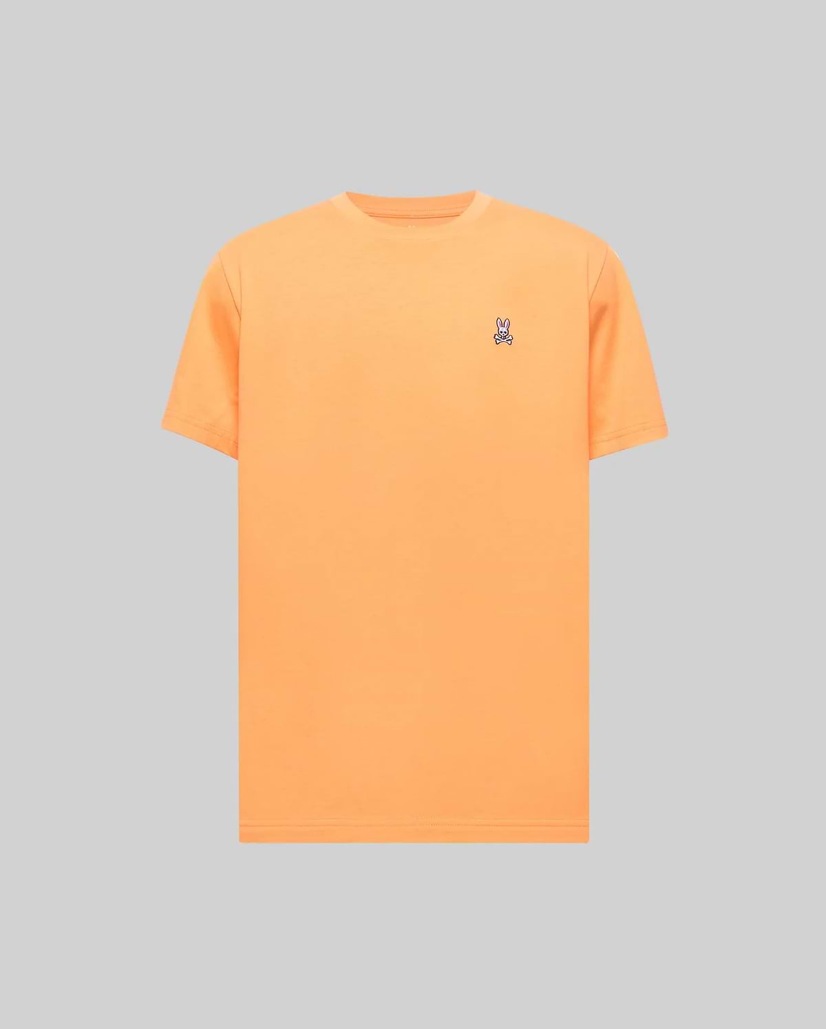 Mens Classic Crew Neck Tee in vibrant orange jersey, featuring a small, embroidered Psycho Bunny skull logo in blue, pink, and white on the left chest, offering a classic fit.