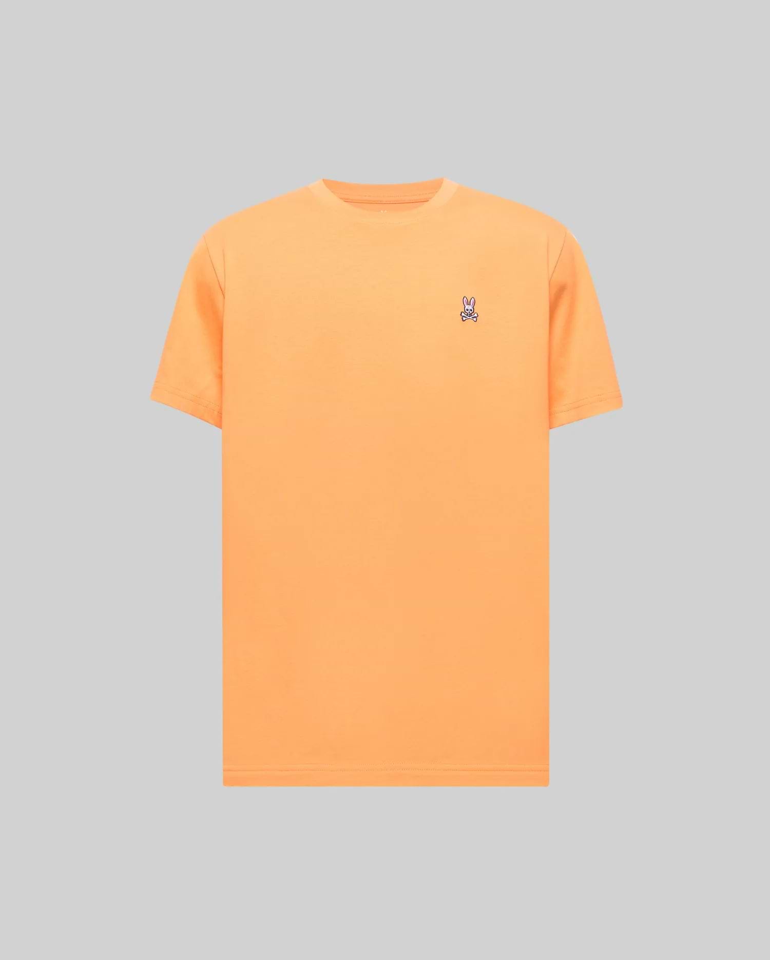 Mens Classic Crew Neck Tee in vibrant orange jersey, featuring a small, embroidered Psycho Bunny skull logo in blue, pink, and white on the left chest, offering a classic fit.