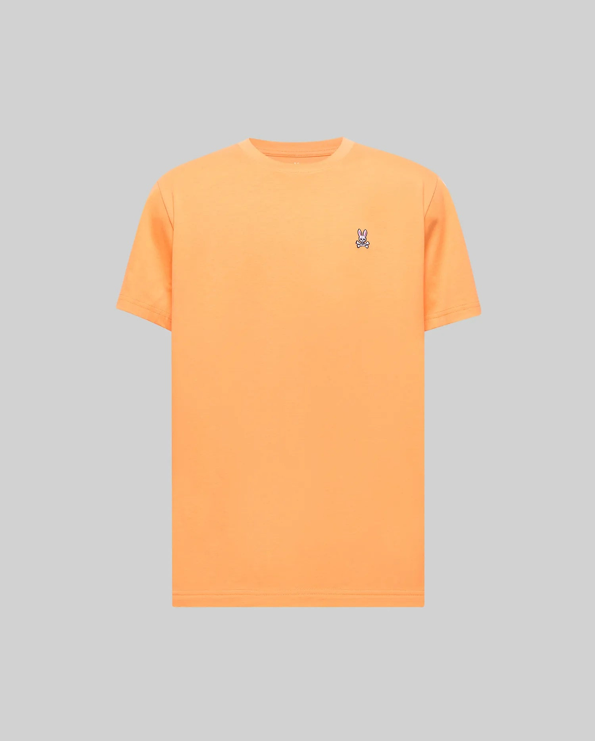 Mens Classic Crew Neck Tee in vibrant orange jersey, featuring a small, embroidered Psycho Bunny skull logo in blue, pink, and white on the left chest, offering a classic fit.