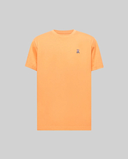 Mens Classic Crew Neck Tee in vibrant orange jersey, featuring a small, embroidered Psycho Bunny skull logo in blue, pink, and white on the left chest, offering a classic fit.
