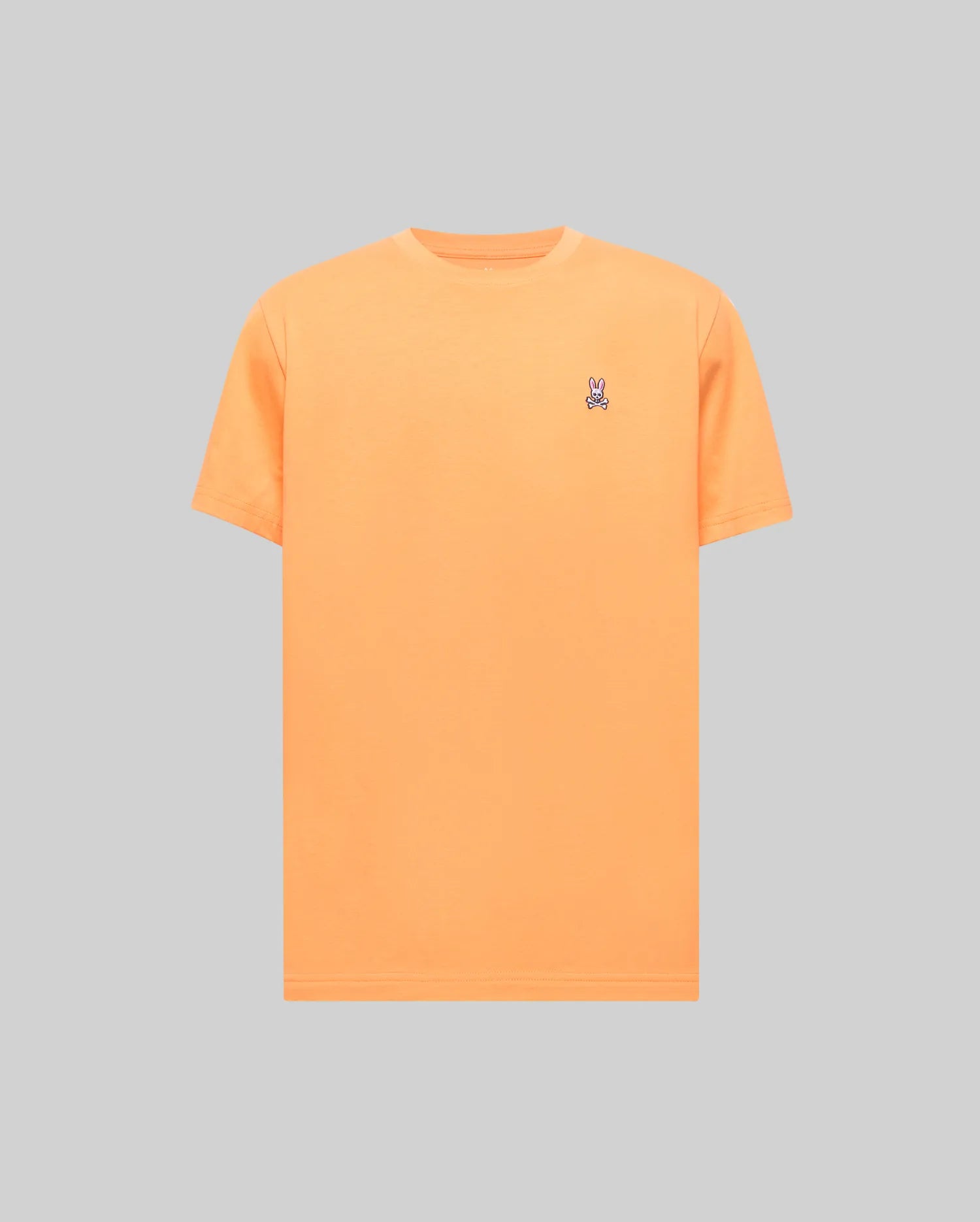 Mens Classic Crew Neck Tee in vibrant orange jersey, featuring a small, embroidered Psycho Bunny skull logo in blue, pink, and white on the left chest, offering a classic fit.