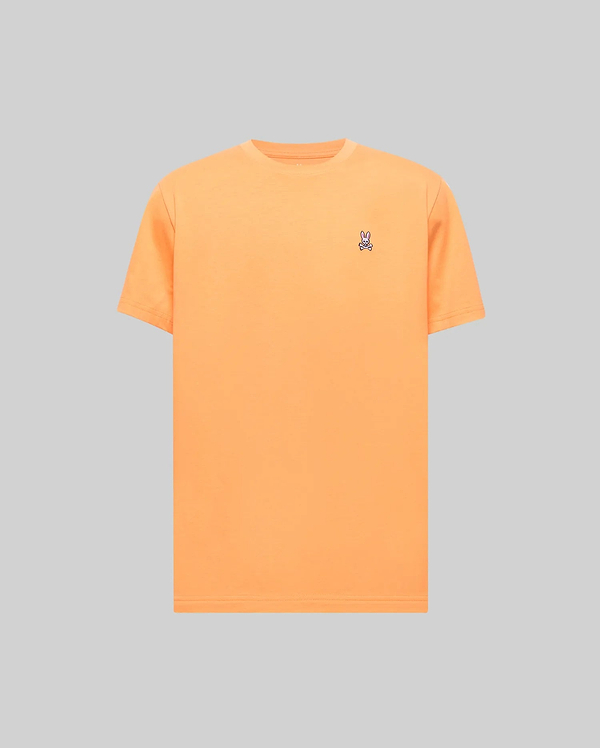 Mens Classic Crew Neck Tee in vibrant orange jersey, featuring a small, embroidered Psycho Bunny skull logo in blue, pink, and white on the left chest, offering a classic fit.