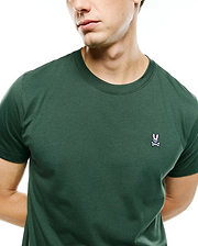 Mens Classic Crew Neck Tee in dark green, a classic fit jersey knit with a small embroidered Psycho Bunny skull logo on the left chest featuring pink ears.
