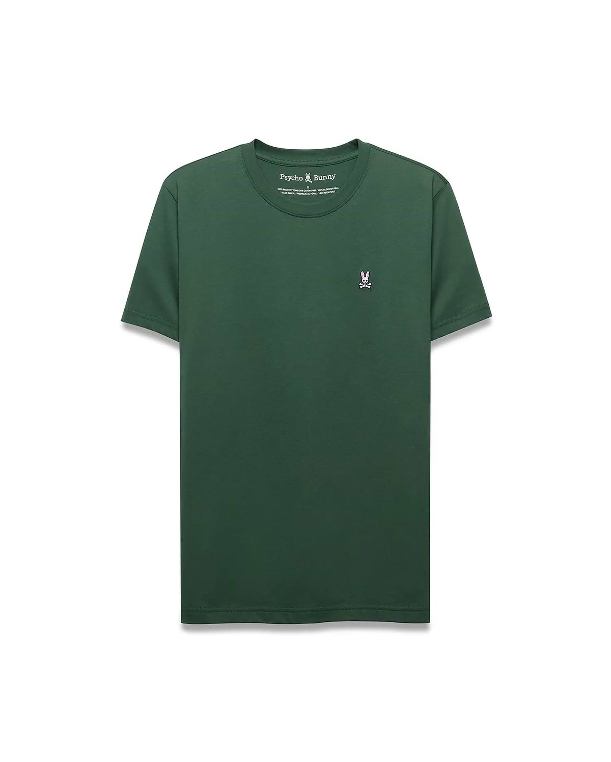Dark green Mens Classic Crew Neck Tee, classic fit, smooth jersey knit. Features a small, embroidered pink, white, and black Psycho Bunny skull logo on the left chest.