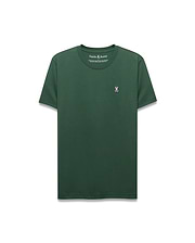 Dark green Mens Classic Crew Neck Tee, classic fit, smooth jersey knit. Features a small, embroidered pink, white, and black Psycho Bunny skull logo on the left chest.