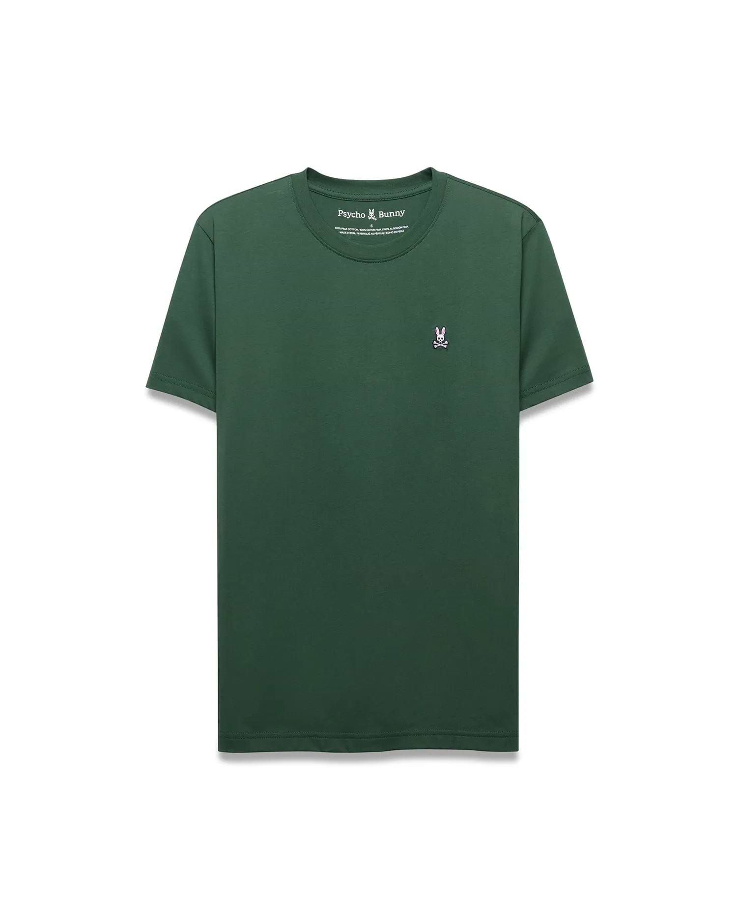 Dark green Mens Classic Crew Neck Tee, classic fit, smooth jersey knit. Features a small, embroidered pink, white, and black Psycho Bunny skull logo on the left chest.