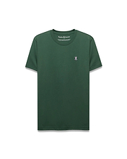 Dark green Mens Classic Crew Neck Tee, classic fit, smooth jersey knit. Features a small, embroidered pink, white, and black Psycho Bunny skull logo on the left chest.