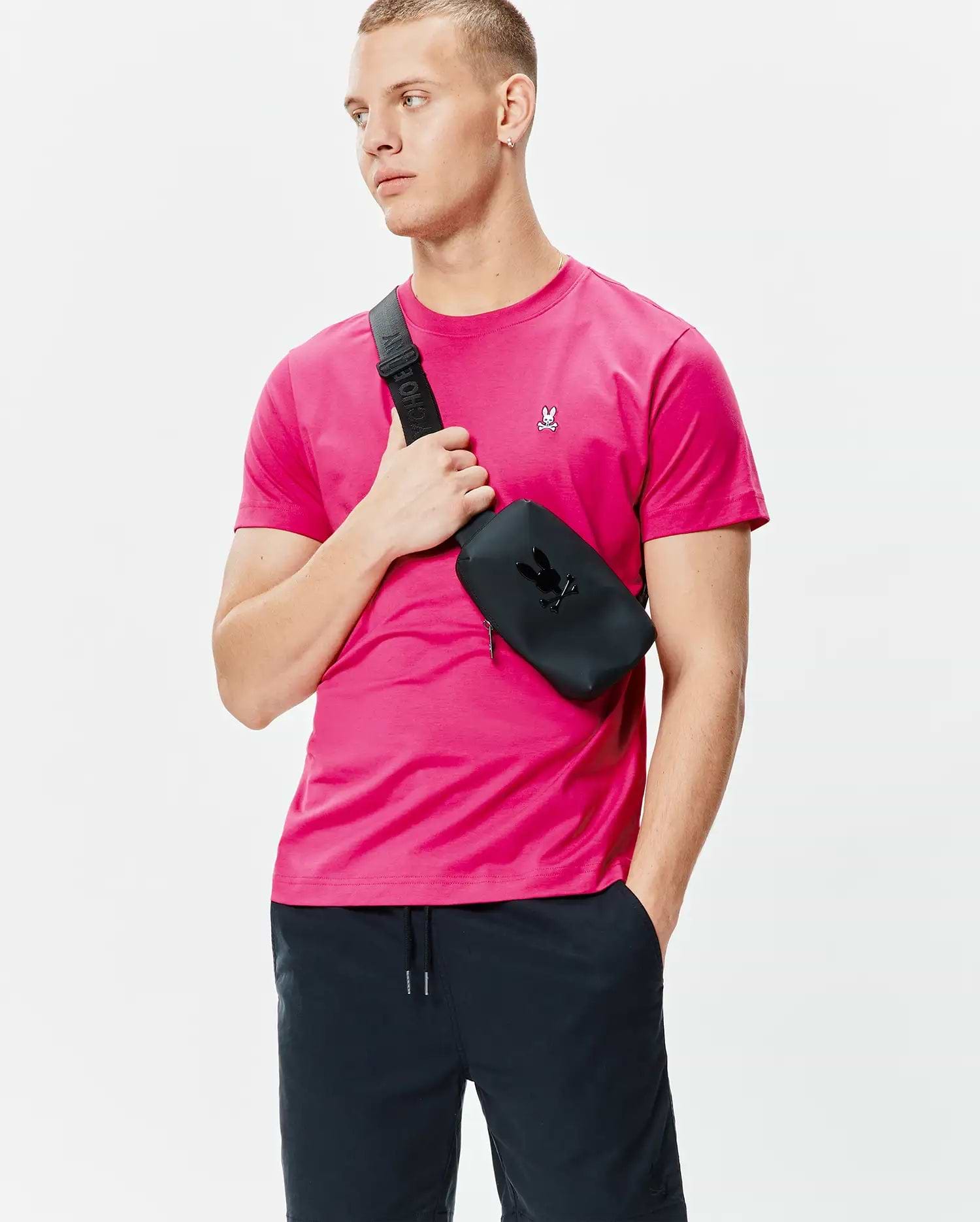 Mens Classic Crew Neck Tee in hot pink, featuring a smooth jersey knit and a classic fit, with a small embroidered white and black Psycho Bunny skull logo on the left chest.