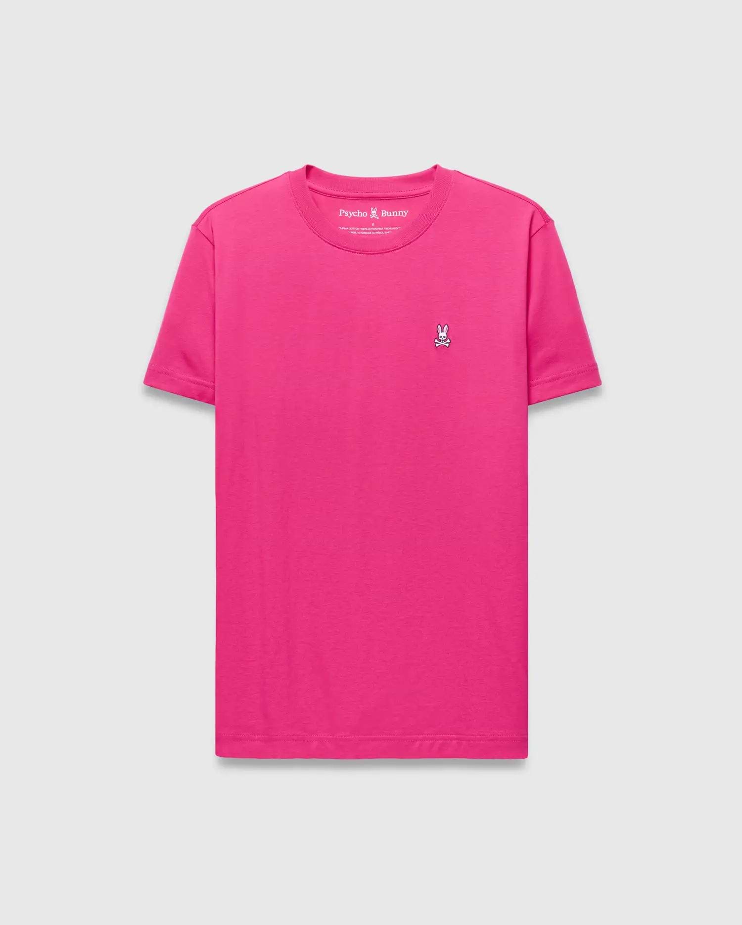 Mens Classic Crew Neck Tee in vibrant hot pink, featuring a smooth jersey knit, classic fit, and a small, embroidered white and black Psycho Bunny skull logo on the left chest.