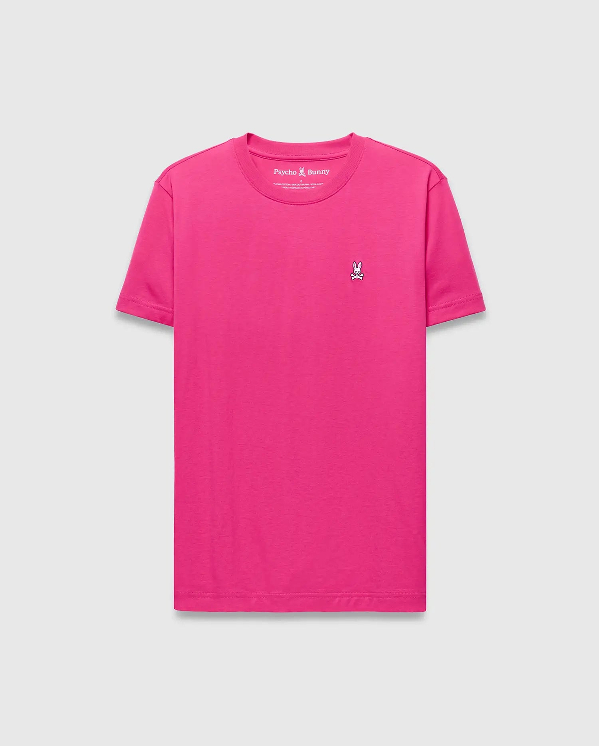 Mens Classic Crew Neck Tee in vibrant hot pink, featuring a smooth jersey knit, classic fit, and a small, embroidered white and black Psycho Bunny skull logo on the left chest.