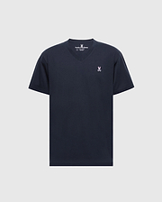 The Psycho Bunny Men's Classic V-Neck Tee (B6U100ARPC) is a plain black, short-sleeved shirt made from soft Pima cotton. It includes a small white embroidered rabbit logo on the left chest set against a light gray background.