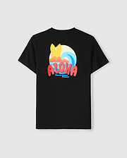 Back view of a black Psycho Bunny men's T-shirt, model B6U169Y1PC, crafted from Pima cotton. It features a vibrant design showcasing a yellow surfboard, a stylized wave, and "ALOHA" in bold red letters. Below the design is the phrase "Psychic Surfer Hawaii," making it the ultimate Hawaii tee for style and comfort.