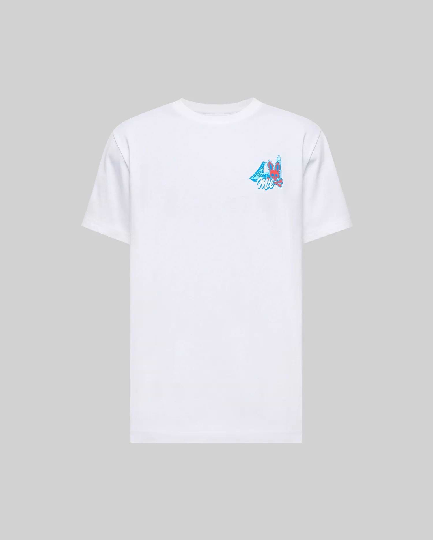 The Psycho Bunny MENS MONTREAL TEE (B6U381F200) is a soft Pima cotton short-sleeve shirt in white, featuring a small blue and pink graphic on the left chest, shown against a light gray background.