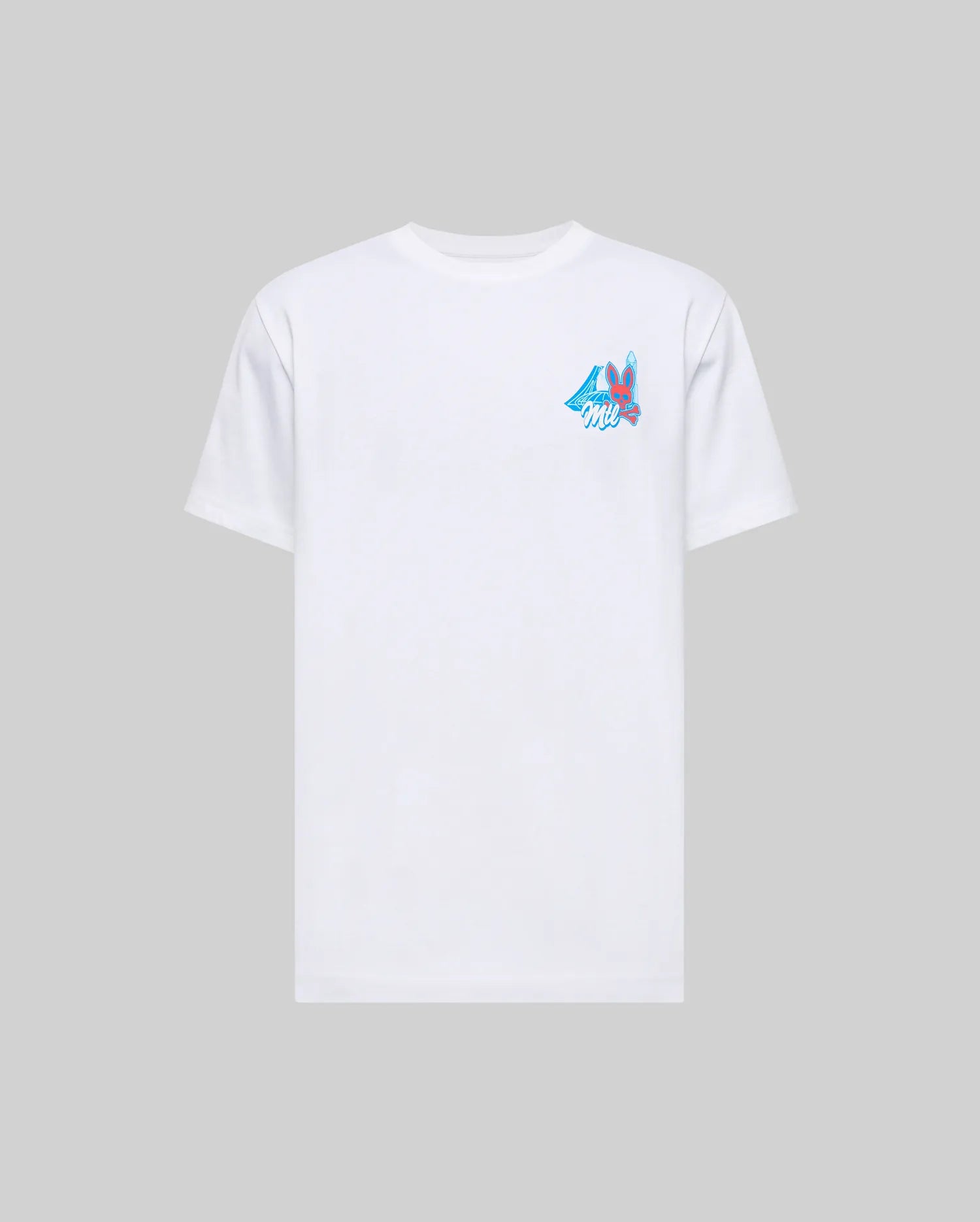 The Psycho Bunny MENS MONTREAL TEE (B6U381F200) is a soft Pima cotton short-sleeve shirt in white, featuring a small blue and pink graphic on the left chest, shown against a light gray background.