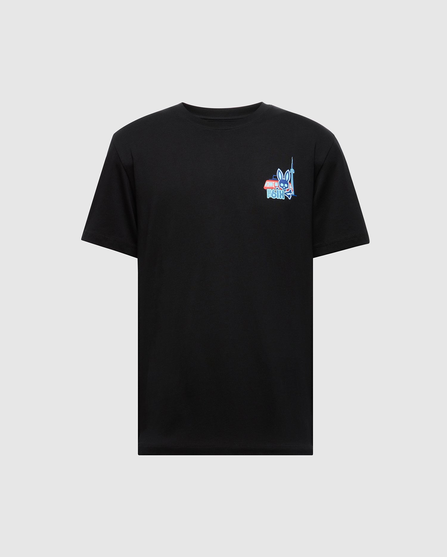 The Psycho Bunny MENS TORONTO TEE (B6U383F200) is a black Pima cotton short-sleeve shirt featuring a small, colorful hometown hero graphic and text on the left chest, displayed on a light gray background.