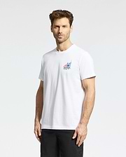 A man with short brown hair wears the Psycho Bunny MENS TORONTO TEE - B6U383F200, featuring a hometown hero graphic on the left chest, and black shorts, as he stands slightly turned against a plain white background.