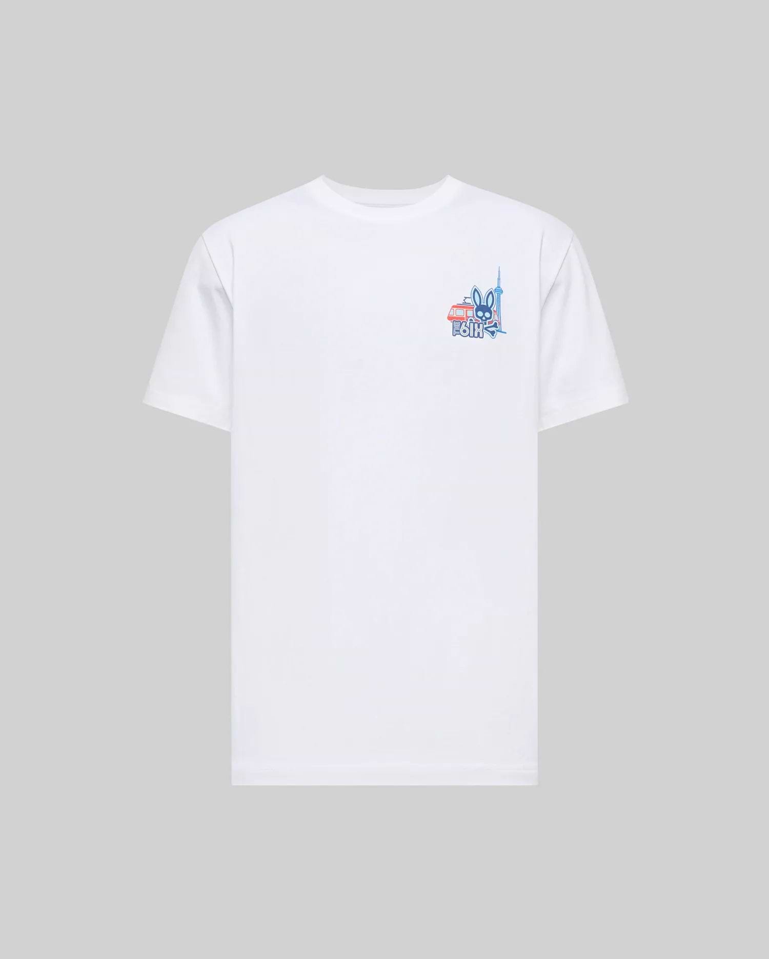 The Psycho Bunny MENS TORONTO TEE - B6U383F200 is a soft white Pima cotton short-sleeve shirt, featuring a colorful hometown hero graphic with text and illustrations on the upper left chest. Light gray background.