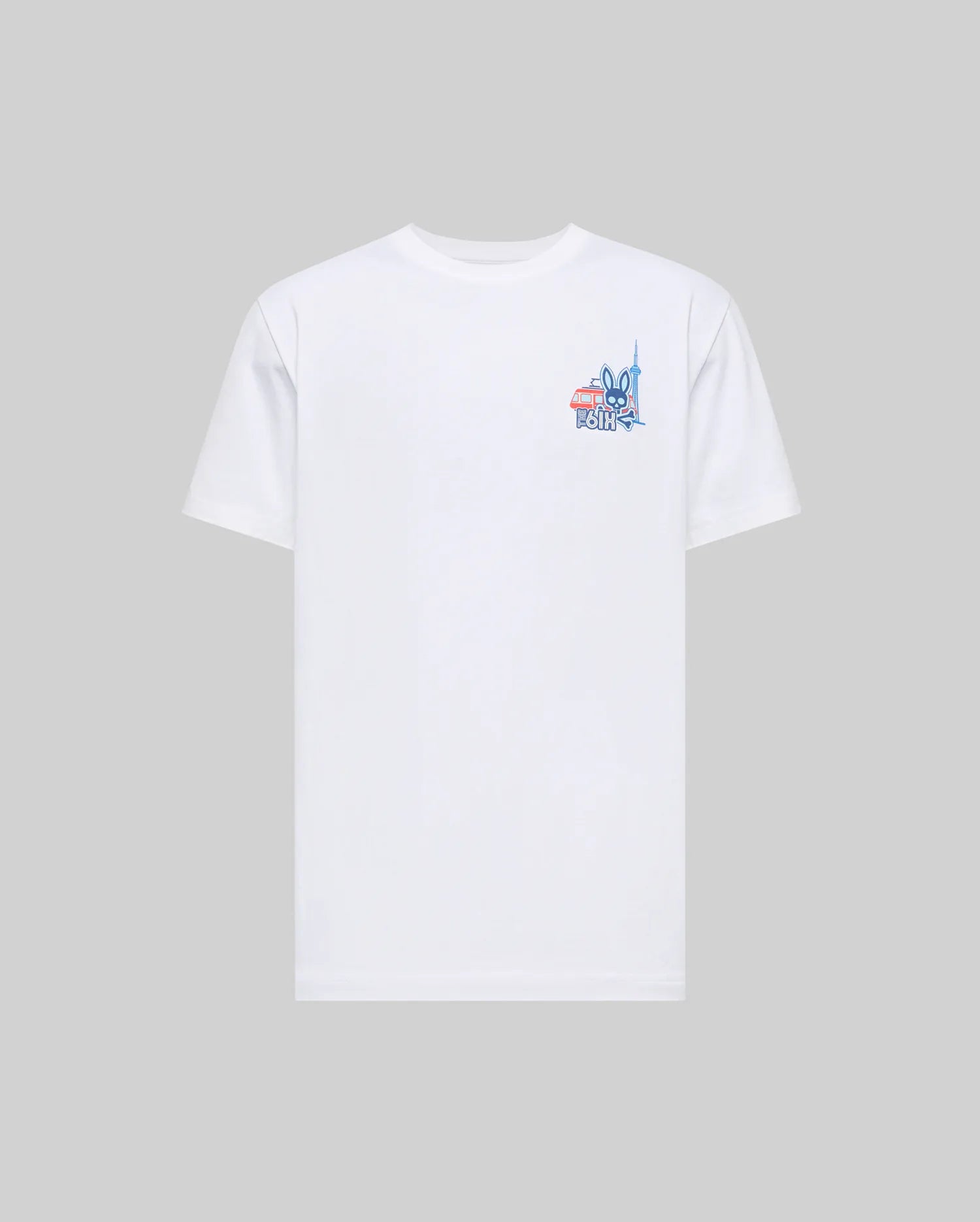 The Psycho Bunny MENS TORONTO TEE - B6U383F200 is a soft white Pima cotton short-sleeve shirt, featuring a colorful hometown hero graphic with text and illustrations on the upper left chest. Light gray background.