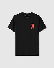 The Psycho Bunny MENS NEW YORK TEE - B6U554W1PC is a stylish black tee crafted from soft Pima cotton. It features a small red bunny logo with X-shaped eyes on the left chest, along with "NY" above crossed bones for a distinctive look.
